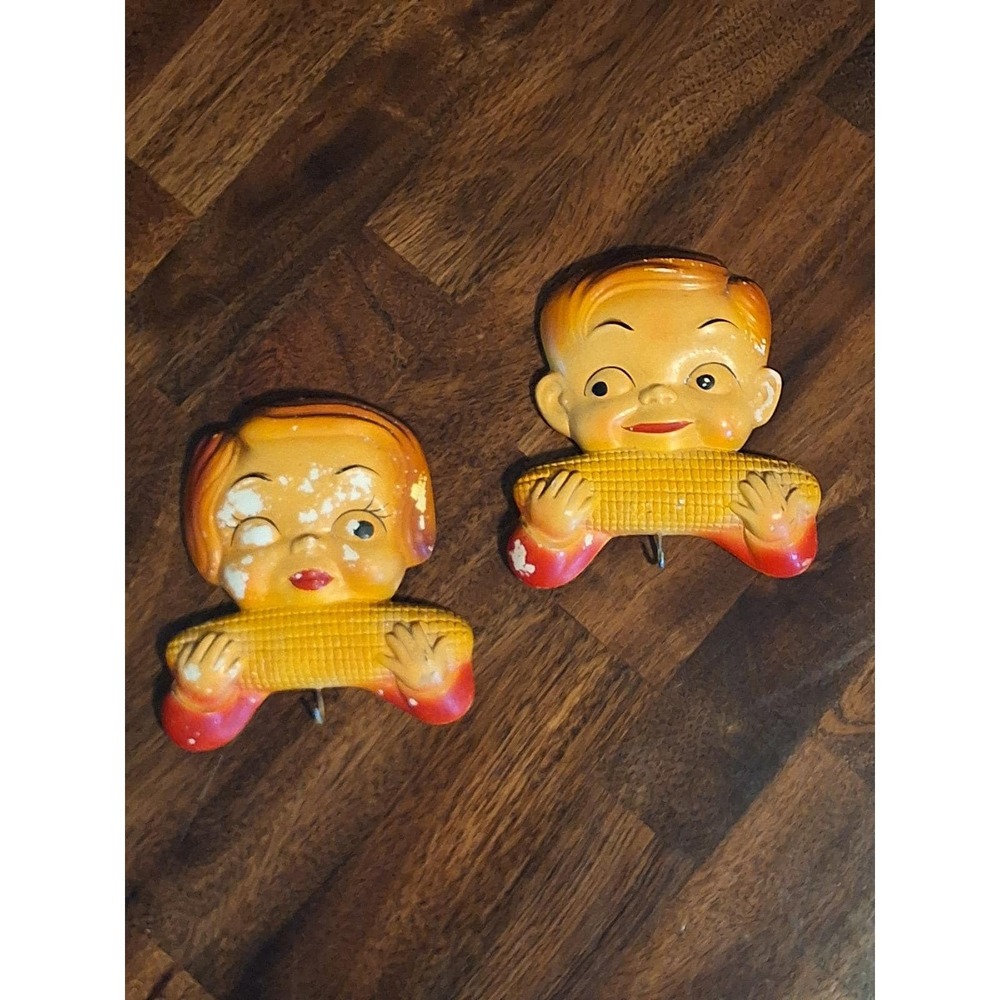 Vintage 1955 Miller Studio Chalkware Boy Girl Eating Corn Wall Plaques Set of 2
